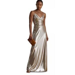 Lauren Ralph Lauren Metallic Chiffon Sleeveless Gown Taupe Silver Sz 8